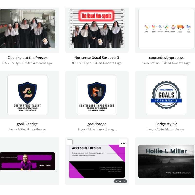 9 thumbnails of graphic design work, nunsense promos, banner images and badges